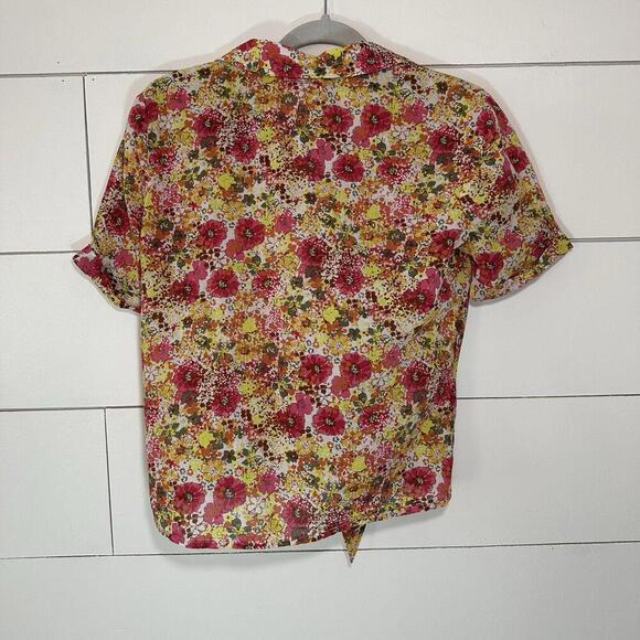 Kut From The Kloth Top Blouse Floral Front Tie Pink Orange Collared Small Cotton - Picture 5 of 5